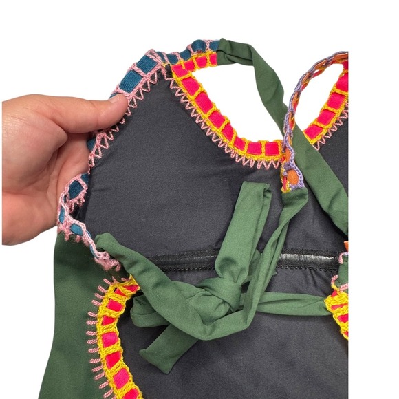 Platinum Swimwear PilyQ Olive Crochet Trim One Piece Small Trendy Vacation - Picture 4 of 6